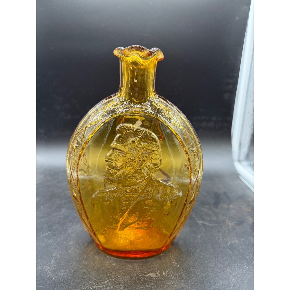 Vintage Amber Glass Jefferson Davis and Robert E Lee Historical Flask Bottle